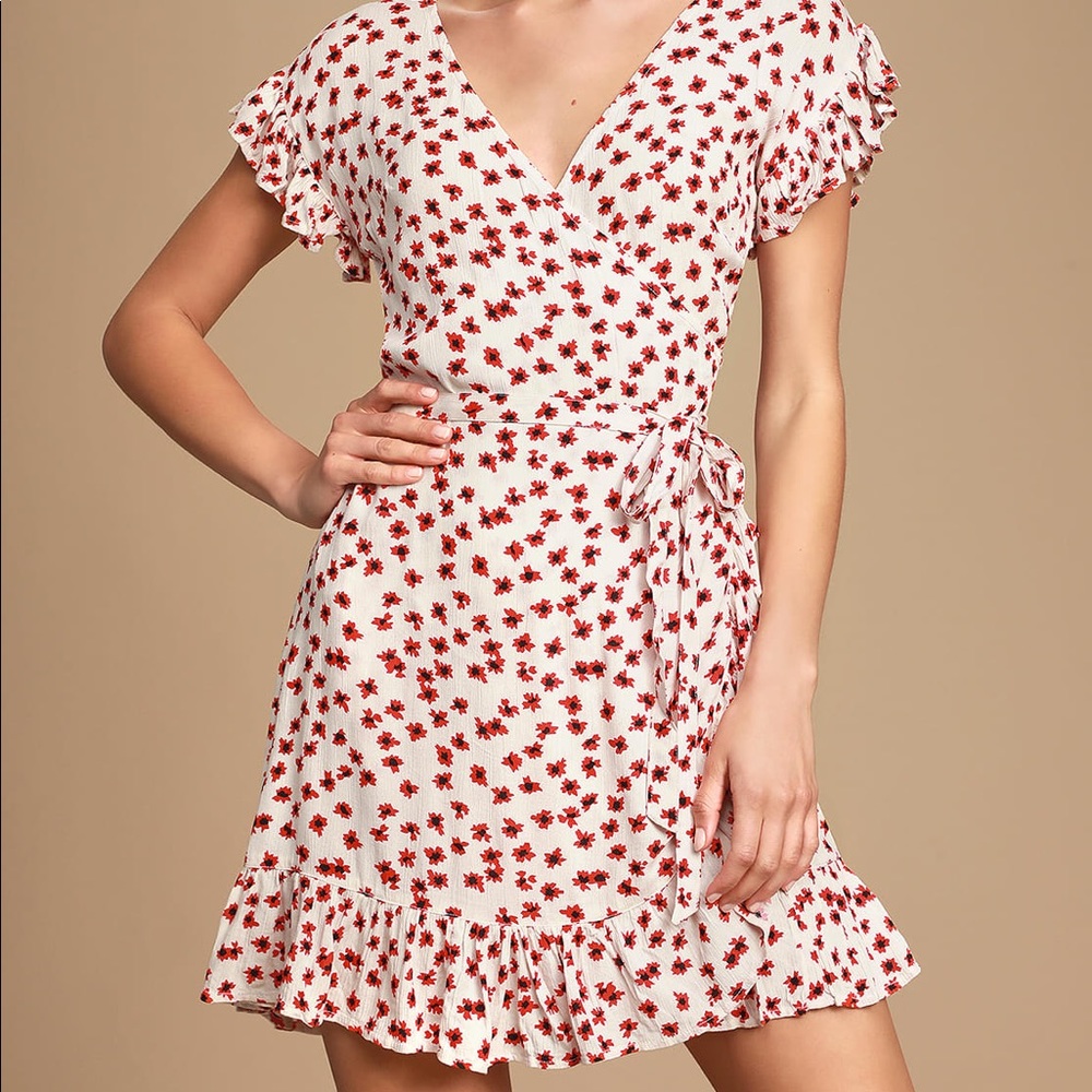Billabong White Mini Wrap Dress with Red Floral Print